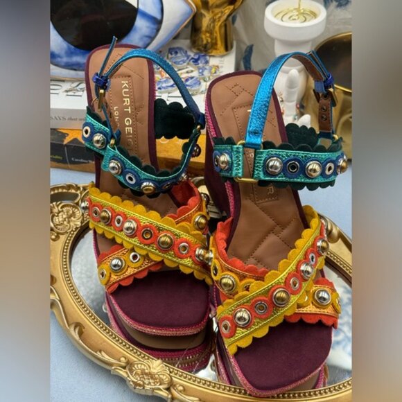 🆕 KURT GEIGER LONDON 🧿 NWOB Scalloped Stud X Wedge Heel Multicolor - Sz 37 US7 - Picture 10 of 12